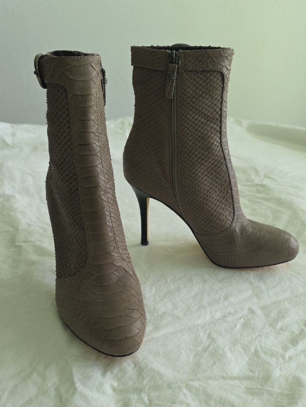 Via Spiga Taupe Textured Snake-Embossed Stiletto Ankle Boots
